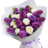 Букет сирени с белыми розами и эустомой «Вальс соцветий»